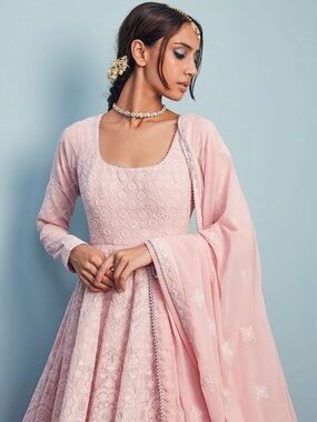 💎 LASHKARAA NWT Blush Pink Embroidered 3 Piece Anarkali Luxury Formal Gown XL 42